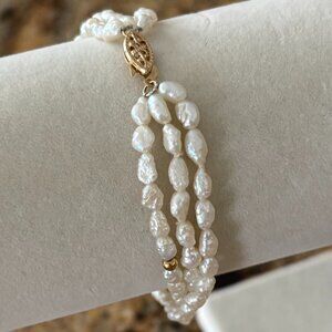 14K Yellow Gold Triple Strand Seed Pearl Bracelet